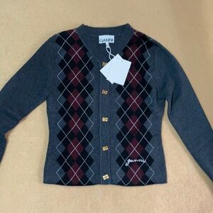 Ganni Gray and Burgundy Argyle Sweater
